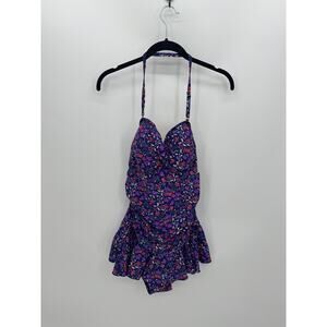 Shore Shapes Swimwear One Piece Bathing Suit Women 16 Purple Floral Skirt Cinch